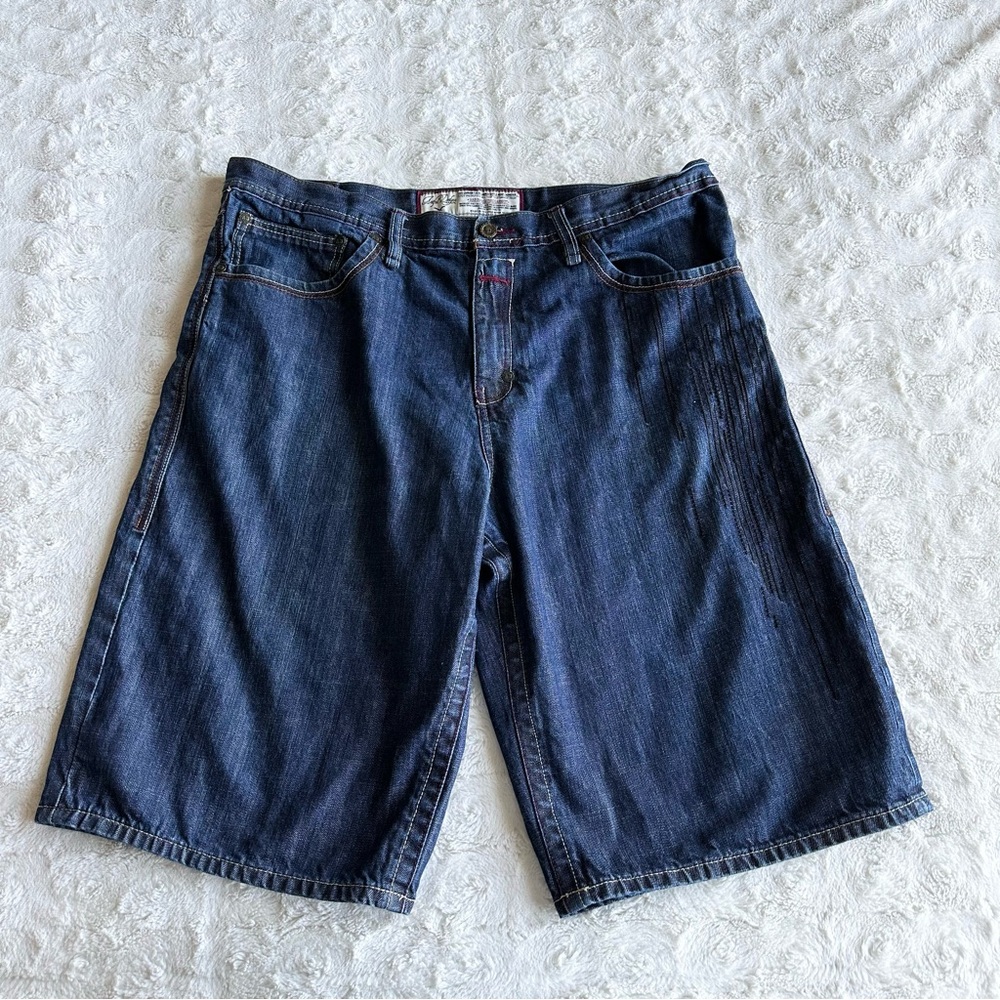 Artful Dodger Denim Shorts Jorts Mens 38 Blue Skull Embroidered Baggy Loose Y2K - Picture 2 of 13